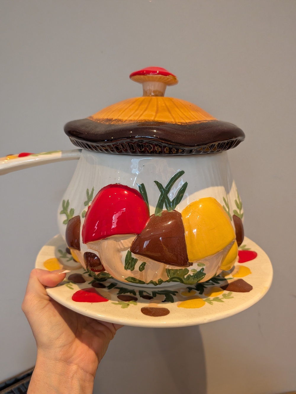 Vintage Hand-Painted Mushroom Soup Bowl with Saucer And Ladle Yellow & Red